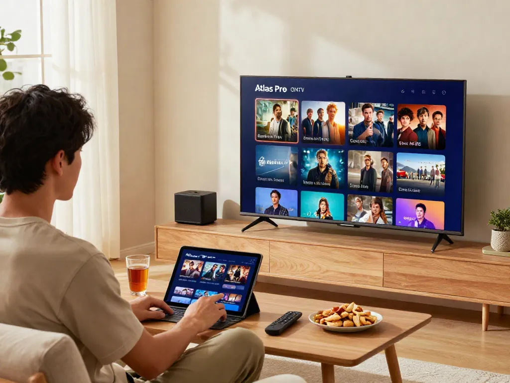 Personne utilisant l'application Atlas Pro ONTV sur une tablette dans un salon moderne, avec Smart TV affichant des films en streaming.