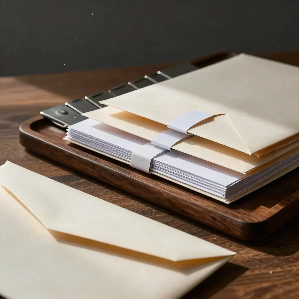 Enveloppes de paie et plateau en noyer, éclairage dramatique, vue rapprochée.