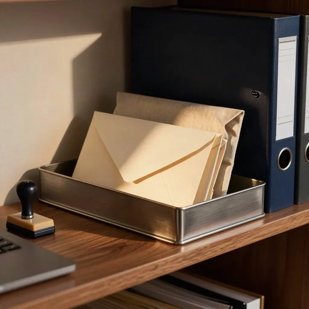 Coin courrier administratif avec enveloppes crème, bac métal et tampon sur une console.