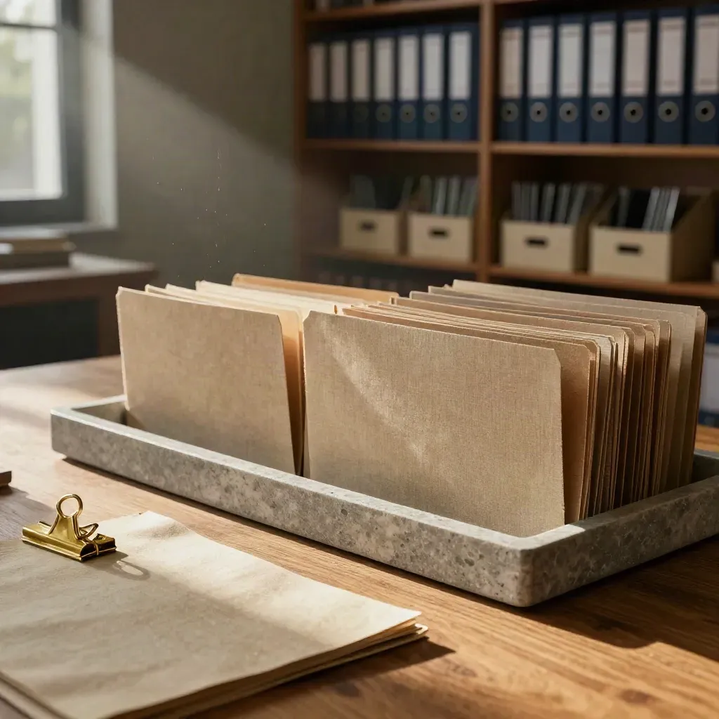 Bureau premium d’opérations avec dossiers en lin, trieur pierre et rayonnage d’archives sous une lumière dramatique.