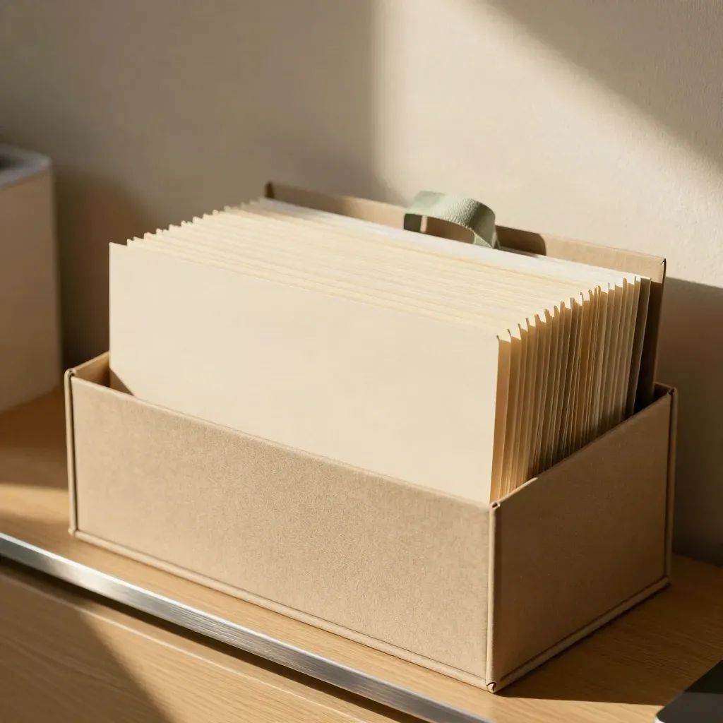 Boîte d’archives soignée avec dossiers opaques, intercalaires et lanière sauge sur bois clair.