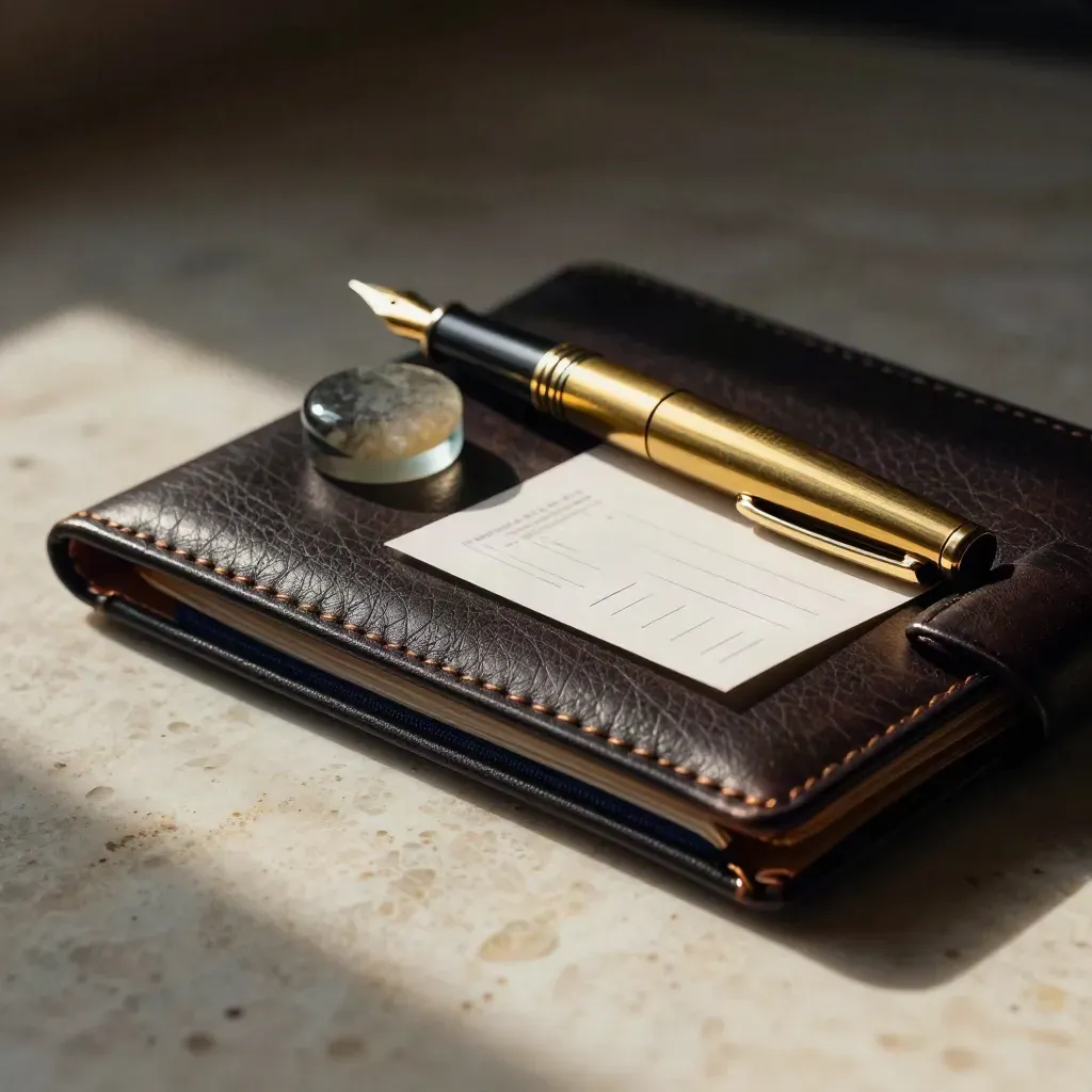 Portfolio en cuir, stylo plume en laiton et galet de pierre, vue macro.