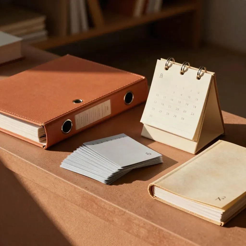 Nature morte de gestion de formation avec classeur, jetons d’assiduité et manuels fermés.