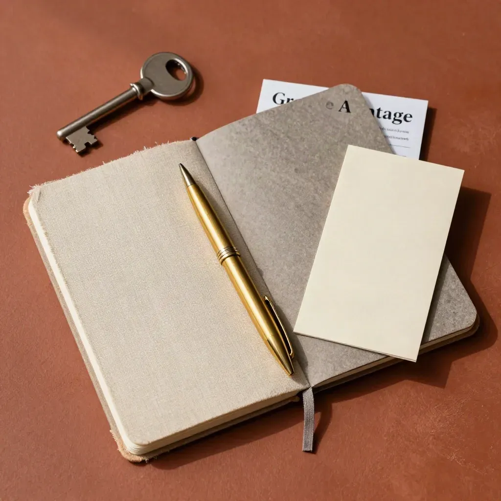 Vue de dessus d’un kit de découverte avec carnet, stylo en laiton et dossier en lin sur fond terracotta.
