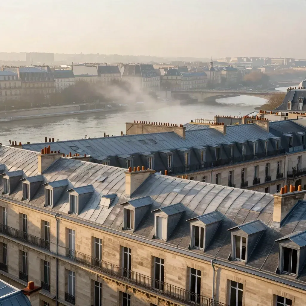 Vue aérienne de Paris à l’aube, toits zinc et brume sur la Seine.
