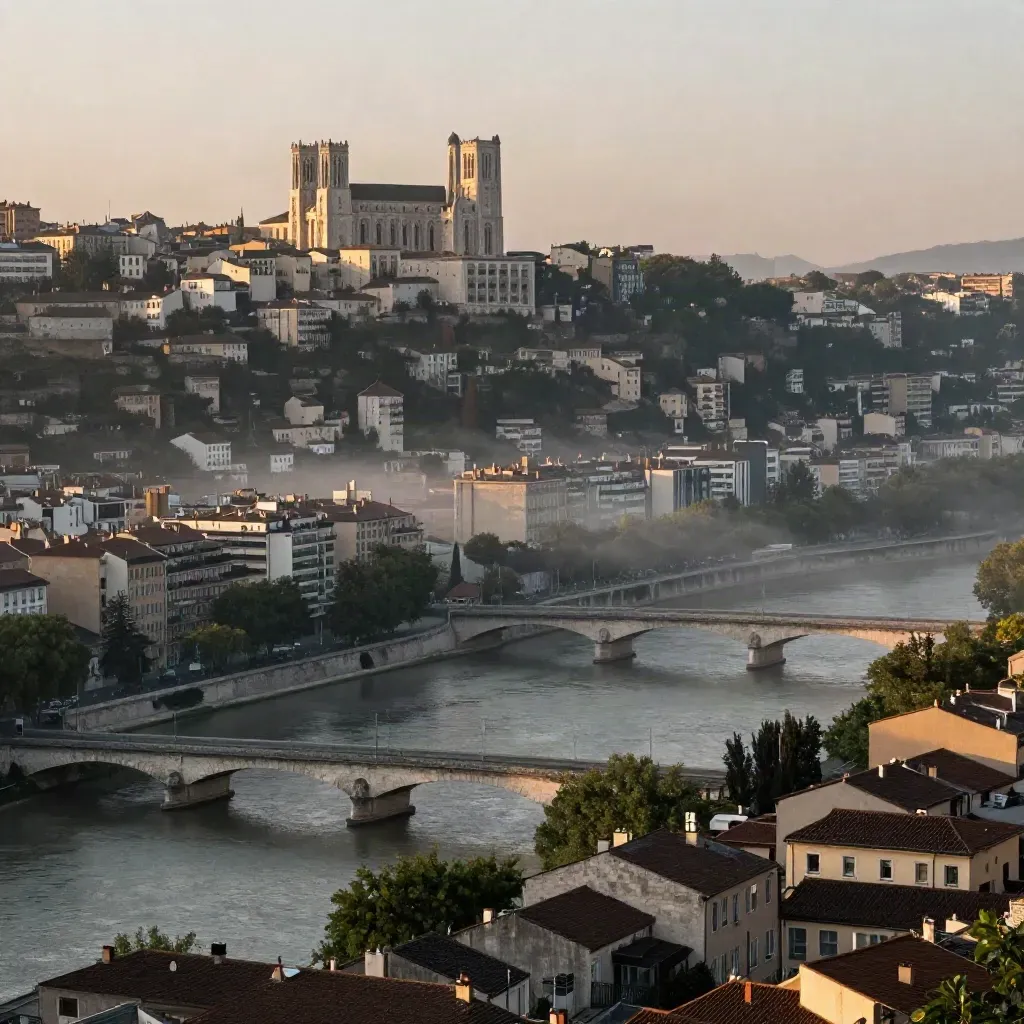 Vue dorée de Lyon, confluence des fleuves et ponts dans la brume au crépuscule.