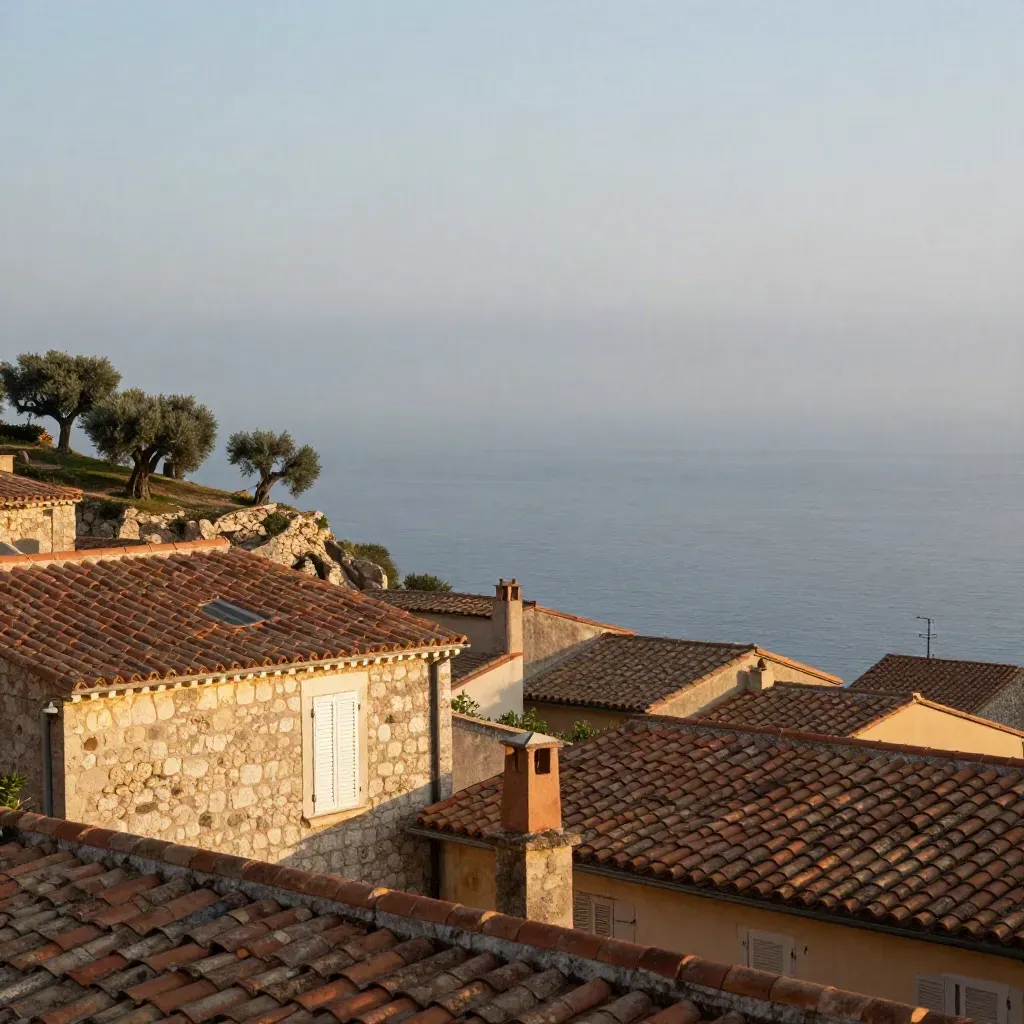 Vue méditerranéenne de toits terracotta et pierre claire sous la brume, côte de Provence.