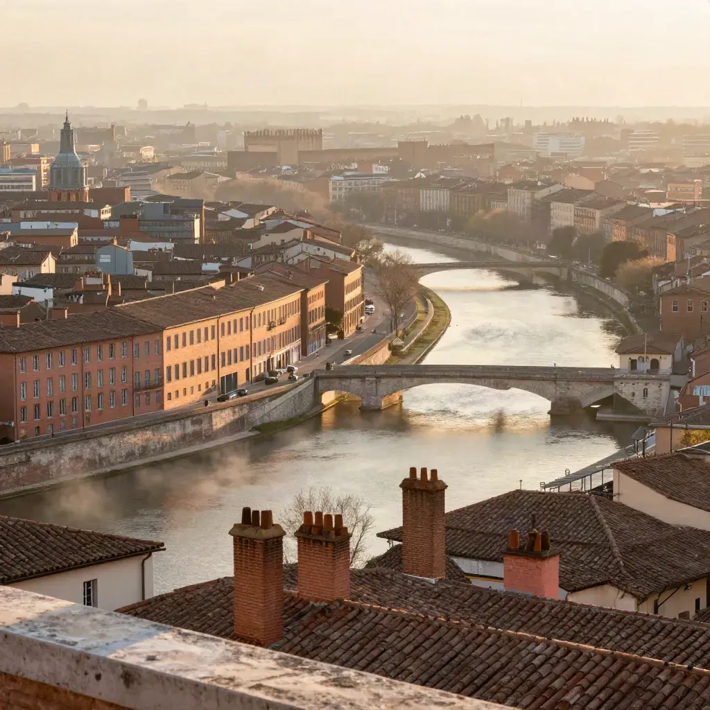 Vue d’en haut de Toulouse, toits de brique rose et canal dans une brume dorée, bas du cadre calme.